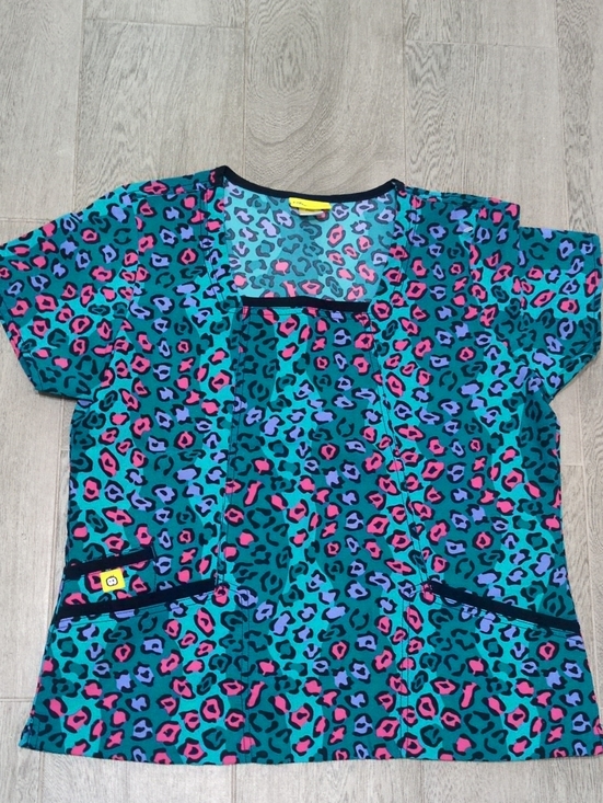 WonderWink Tops - WonderWink Teal Leopard Scrub Print Tee with Pink & Purple Spots